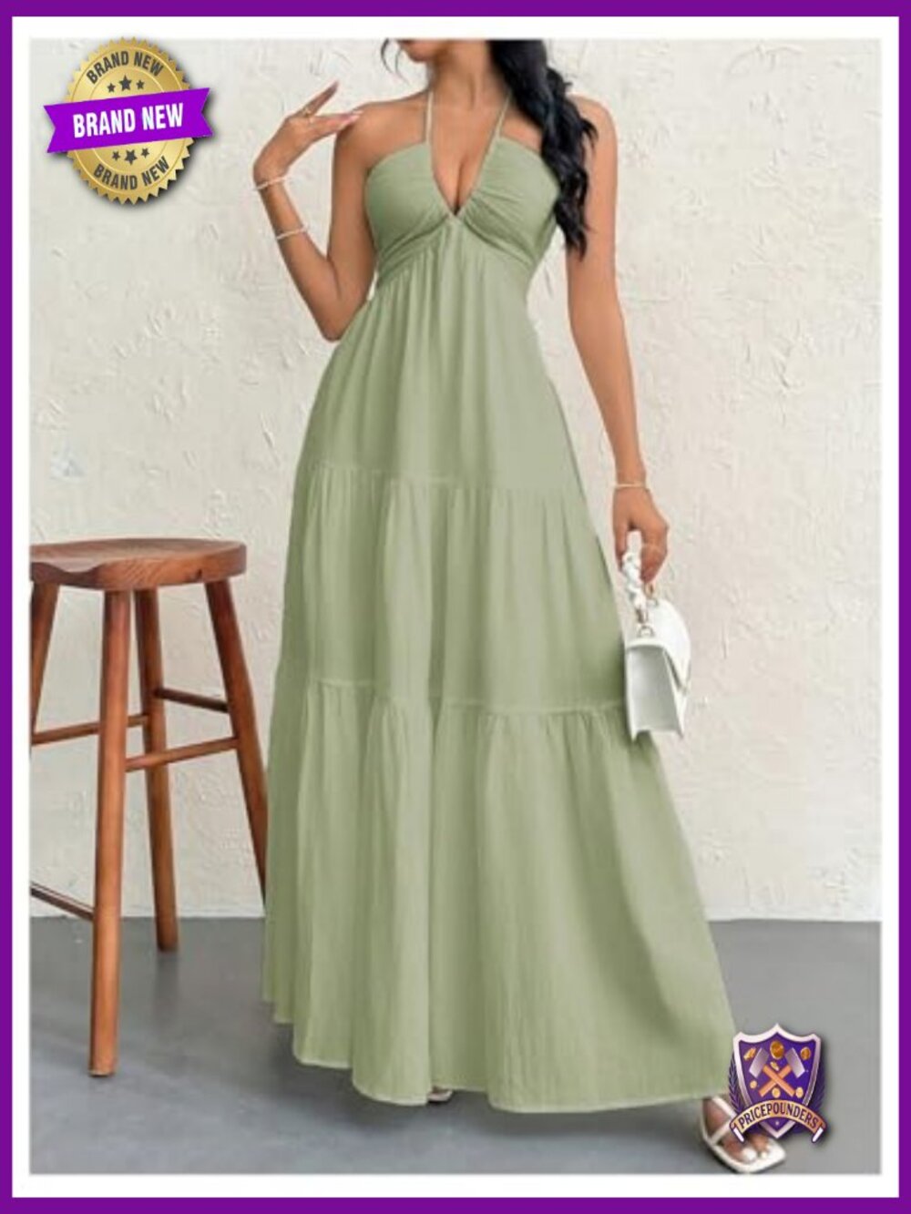 Backless Halter Maxi Dress Tiered Flowy Boho Beach Wed Guest - Picture 5 of 7
